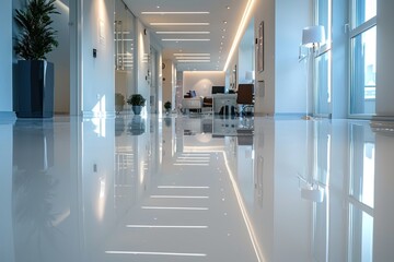 A contemporary office space with a shiny new epoxy floor reflects the bright lights, complemented by glass windows and comfortable seating areas.