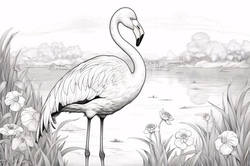 a flamingo standing in front of a lake