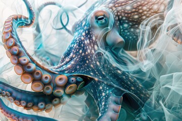 Fototapeta premium A close-up of an octopus overlaid with the swirling patterns of ocean currents in a double exposure
