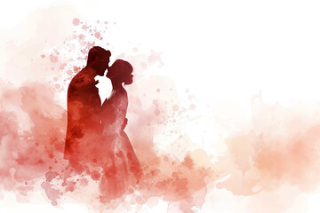 Profile silhouettes of man and woman. Loving couple. Wedding. Watercolor. Greeting card