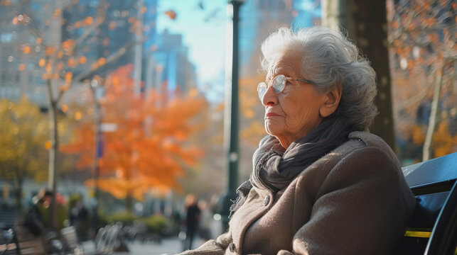 An elderly woman sits thoughtfully on a bench, surrounded by golden hues of autumn in quiet city park. World Health Day, Older Persons Day - Powered by Adobe