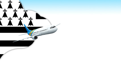 3d illustration plane with Brittany flag background for business and travel design - obrazy, fototapety, plakaty
