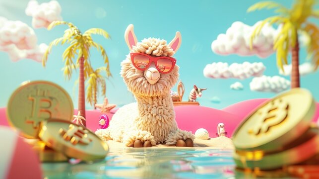 Colorful 3D-rendered scene of an alpaca on vacation, chilling with sunglasses, surrounded by summer vibes and Bitcoin wealth
