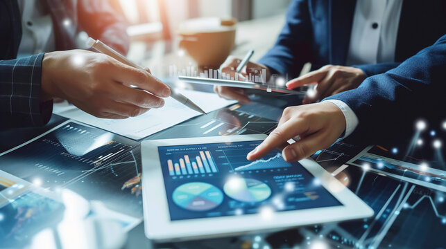 Professionals explore complex data analytics displayed on digital tablet, highlighting modern business strategy and decision-making. Business and latest analysis technologies