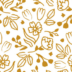 Decorative golden flowers with leaves on a white background. Seamless vector pattern. 