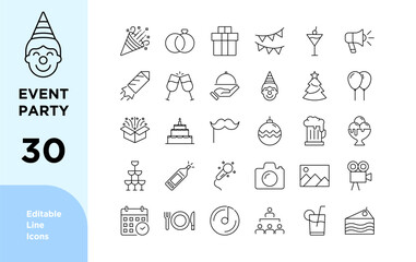 Event Party Line Editable Icons set. life music, Christmas, birthday, wedding party, and more. Vector illustration