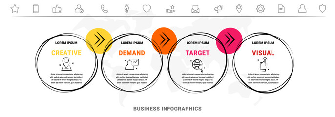 4 step arrows vector infographic. Modern and line infographics business timeline with related circle shapes, colors, icons. Visualization for business presentation, banner, workflow layout, chart