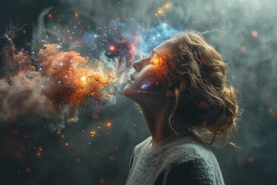 Ethereal portrait of a woman with her face beautifully illuminated by cosmic star dust