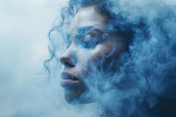 A portrait of a woman shrouded in a cloud of blue smoke, sparking curiosity and conveying the theme of mystery and concealment