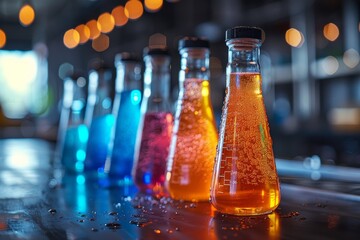Vibrant liquids in Erlenmeyer flasks displayed on a bar, akin to a modern, scientific cocktail setting - obrazy, fototapety, plakaty