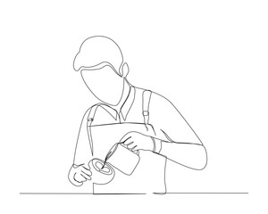 Continuous one line drawing of barista pouring milk to coffee, preparing drink. Barista making latte art in single outline vector illustration. Editable stroke.