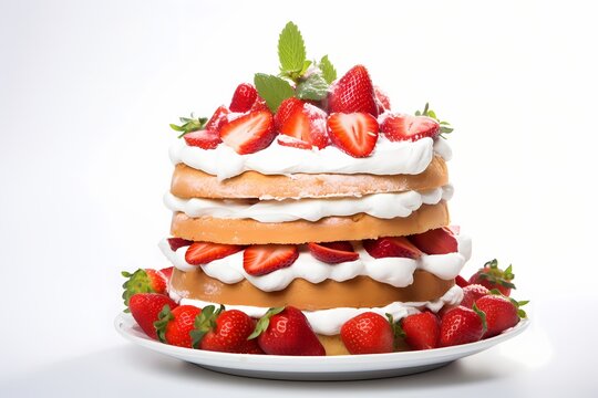 An HD image capturing the elegance of a tiered strawberry shortcake on a clean white surface, ready for a birthday celebration.