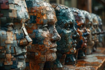 Intriguing photo of multiple puzzle head sculptures, symbolizing complexity and diversity of human thought