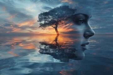 A single tree stands tall with its reflection cast upon the water at sunset, depicting solitude and peace - obrazy, fototapety, plakaty