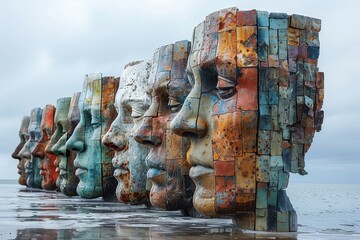 This commanding image displays a row of large, weathered sculptures of human faces facing the sea, eliciting reflection