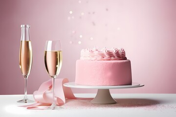 An HD image capturing the charm of a pink champagne birthday cake, presented with sophistication on a spotless white canvas, setting the stage for celebration.