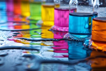 Close-up image of vividly colored water reflections on glass, demonstrating light dynamics and liquid behavior