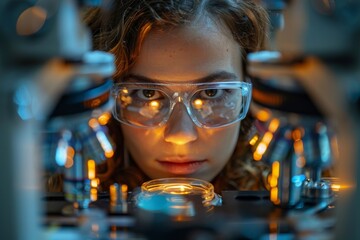 Close-up of a focused female scientist intently observing a specimen under magnification, detailing her concentration and equipment