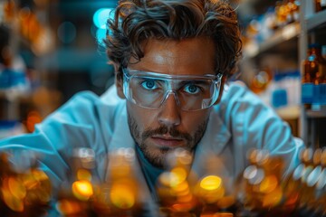 A male scientist with protective eyewear focused on analyzing samples in a laboratory, surrounded by glassware - obrazy, fototapety, plakaty