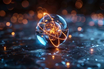 Fotobehang A conceptual image of a glowing orb with glowing atomic-like structures on a dark backdrop with bokeh lights © svastix