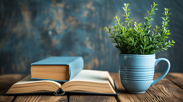 Cup Of Coffee On The Table With Books And Garland, Generative Ai