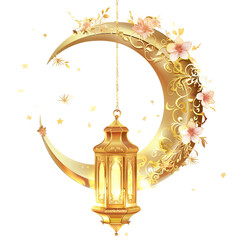 Fototapeta na wymiar Ramadan Lantern with Golden Crescent and flowers, Isolated on Transparent Background.