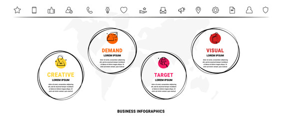 Vector four step infographic. Modern and line infographics business timeline with related circle shapes, colors, icons. Visualization for business presentation, banner, workflow layout, chart