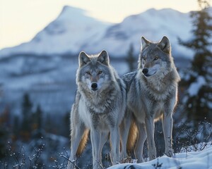 Naklejka premium Winter Wilderness: The Majestic Gray Wolf Roams Amidst the Snowy Landscape. In the Cold, Crisp Air of the Northern Forests, these Wolves