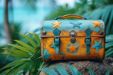 An old-fashioned suitcase with a distinct turquoise color and star embellishments sits outdoors