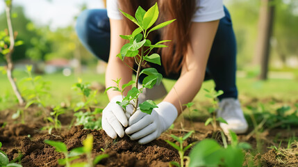 A woman in casual clothes plants a young tree in a garden, city park, promoting reforestation and environmental protection on sunny day. World Tree Planting Day, Earth Conservation Day