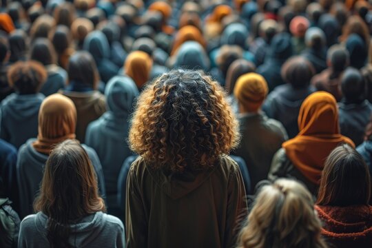 A high-quality image capturing one individual with curly hair standing distinctly in a sea of people, symbolizing individuality