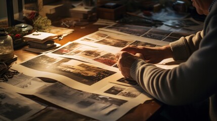 Editor arranges vintage photo collage on drafting table nostalgic soft lighting