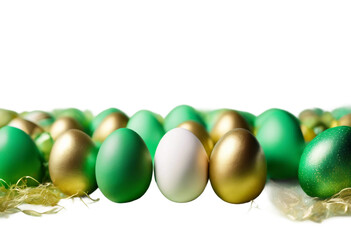 Fototapeta na wymiar Easter eggs of gold and green color on a green background minimal creative Easter layout for congrat