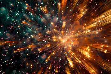 An explosive scene showcasing a mesmerizing fireworks show, with rockets launching in various directions, creating a symphony of colors and patterns against a dark backdrop.