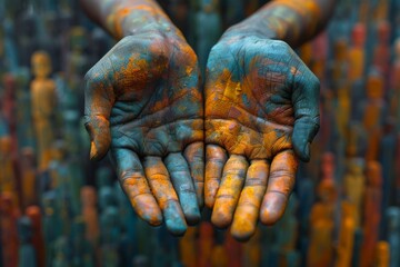Open hands covered in vibrant paint against a backdrop of many colors, portraying creativity