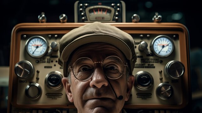 Detailed view of radio announcer's face framed by vintage console