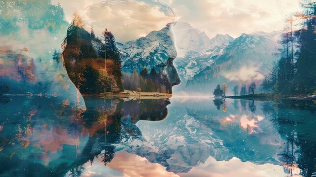 Multiple exposures combine human faces, mountains, forests, and water. Panoramic perspective. The concept of unity of nature and man.