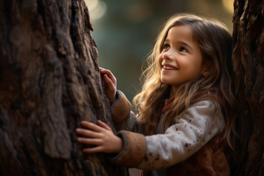 little girl hugging big tree trunk Love the forest, love nature