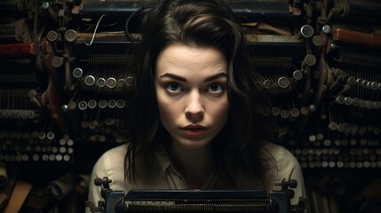 Vintage storytelling vibe writer's face framed by old typewriters