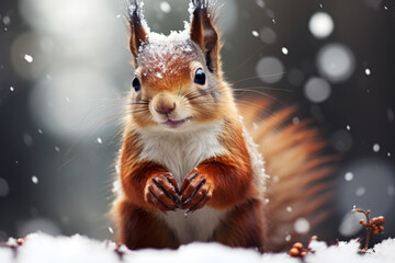 Cute Red Squirrel In the falling snow in winter - obrazy, fototapety, plakaty