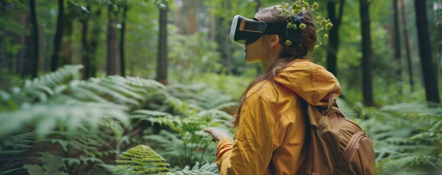 Young Woman Tourist Exploring Forest with VR Glasses. Blending Nature and Technology. Embracing the Beauty of the Outdoors Through Virtual Reality Innovation