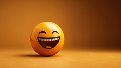 Lachender lustiger Smiley Kopf mit Zähnen und großen Augen in gelb Cartoon, ai generativ