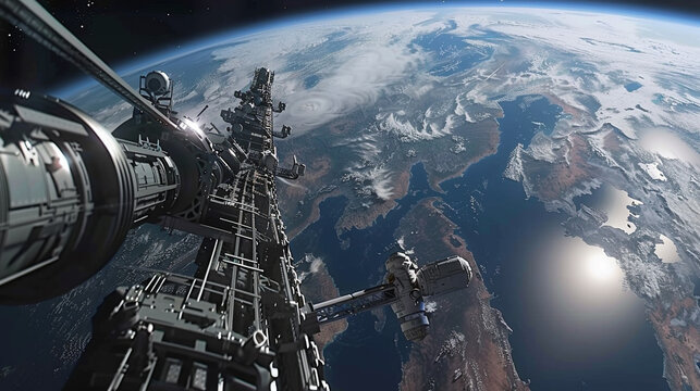 Futuristic space elevator connecting Earth to a space station enabling new eras of exploration