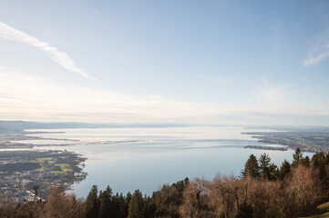 view of Lake Constance Bodensee from Mount Pfender, the island of Lindau is visible