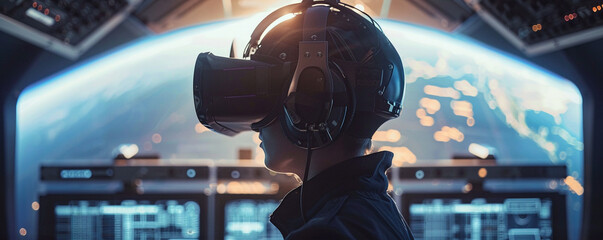Virtual reality cockpit simulation training pilots for future quantum computing powered flights - obrazy, fototapety, plakaty