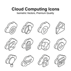 Get your hold on this creative cloud computing isometric vectors set, ready for premium use