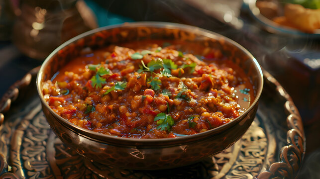 Indian Baingan Bharta - Savory lentil curry dish on ornate table setting