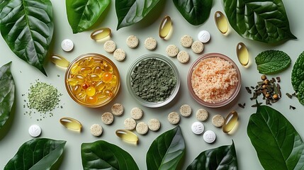 Nutritional supplements and vitamins on the table, top view - obrazy, fototapety, plakaty