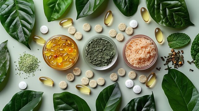 Nutritional supplements and vitamins on the table, top view