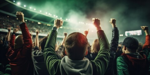 Football fans who cheer on their favorite football team at a crowded stadium in the evening win the...